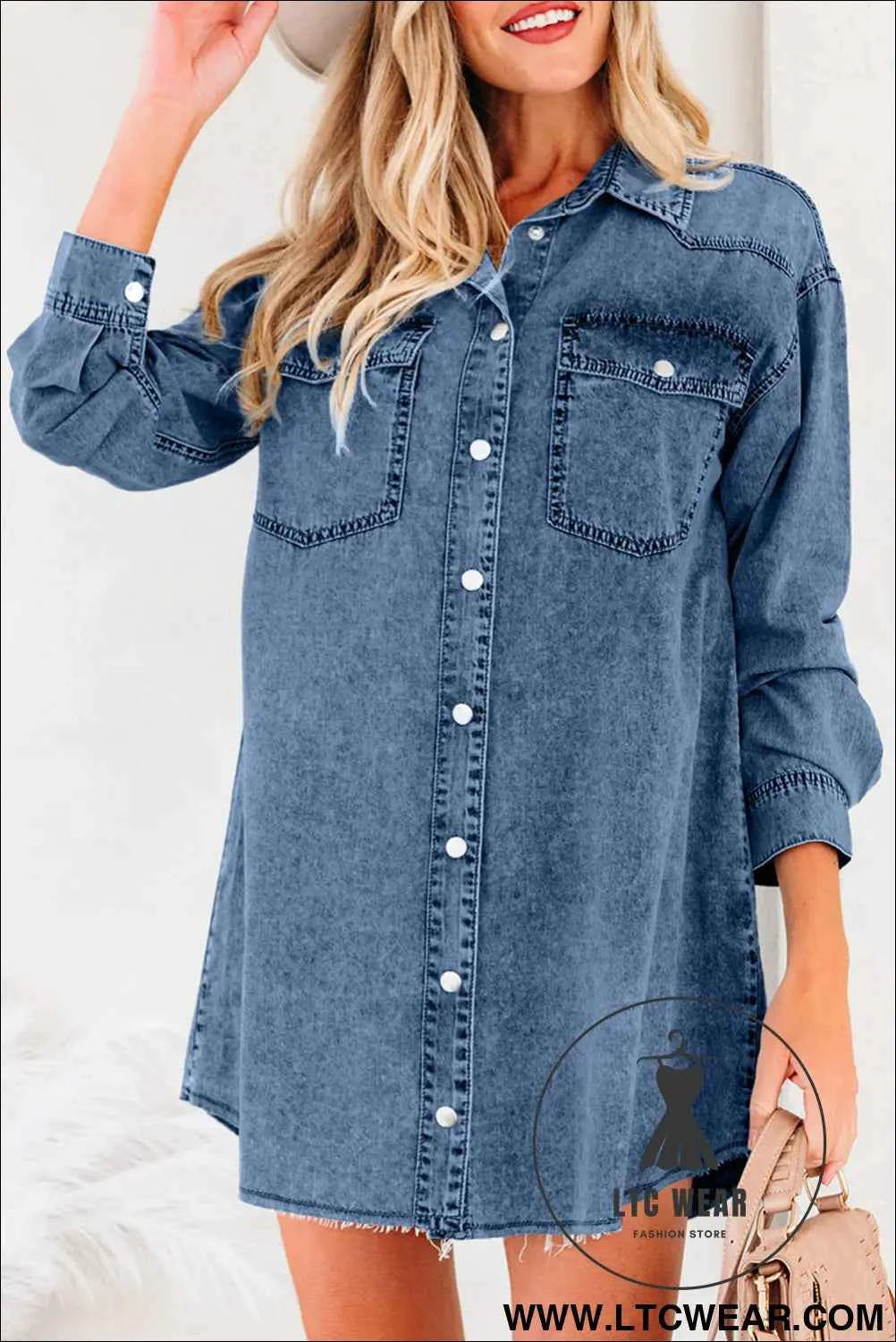 Black Denim Raw Hem Loose Shirt Dress