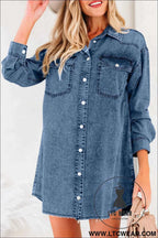 Black Denim Raw Hem Loose Shirt Dress