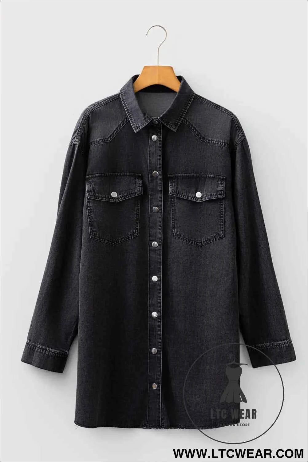 Black Denim Raw Hem Loose Shirt Dress