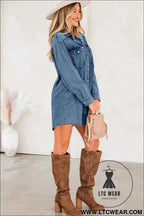 Black Denim Raw Hem Loose Shirt Dress