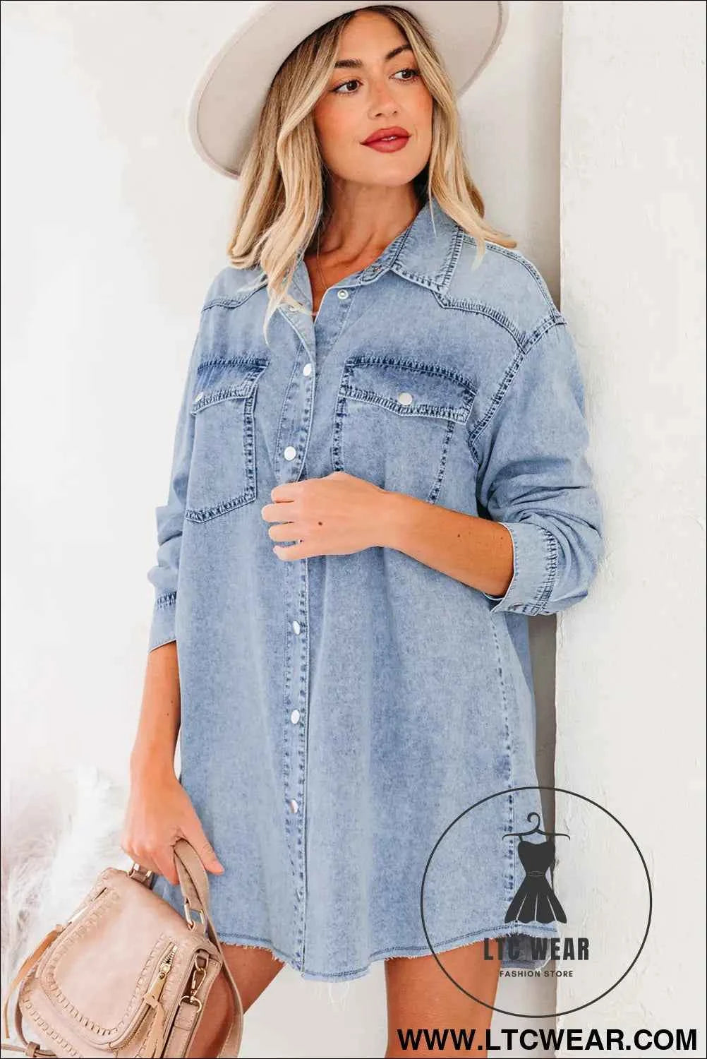 Black Denim Raw Hem Loose Shirt Dress
