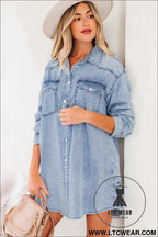 Black Denim Raw Hem Loose Shirt Dress