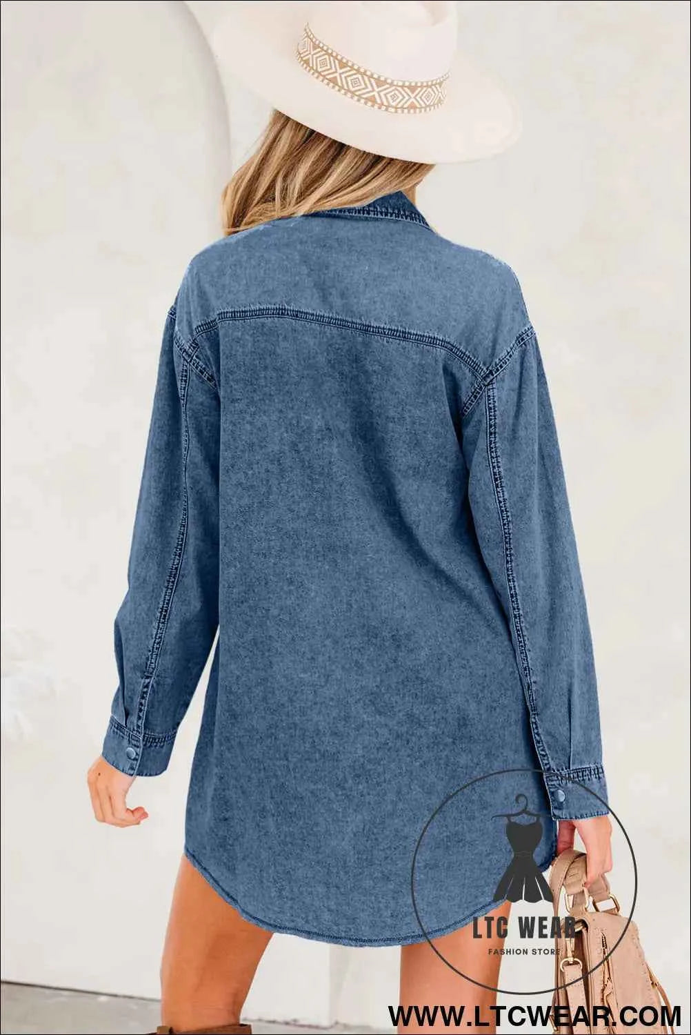Black Denim Raw Hem Loose Shirt Dress