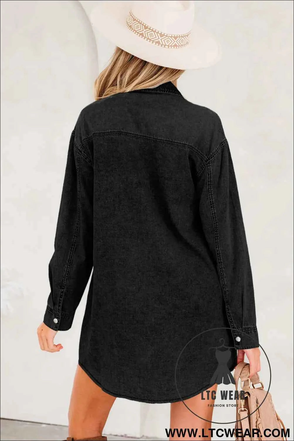Black Denim Raw Hem Loose Shirt Dress