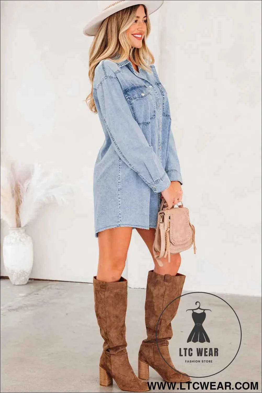 Black Denim Raw Hem Loose Shirt Dress