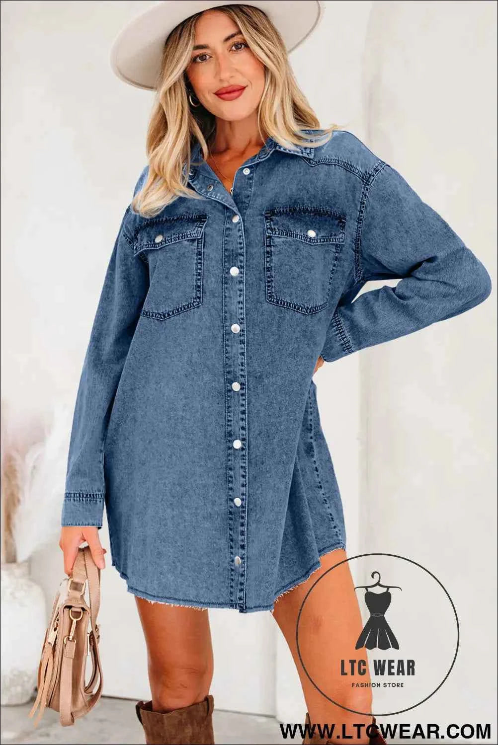 Black Denim Raw Hem Loose Shirt Dress