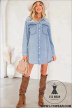 Black Denim Raw Hem Loose Shirt Dress