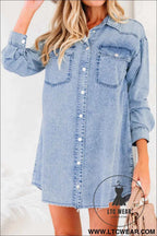 Black Denim Raw Hem Loose Shirt Dress