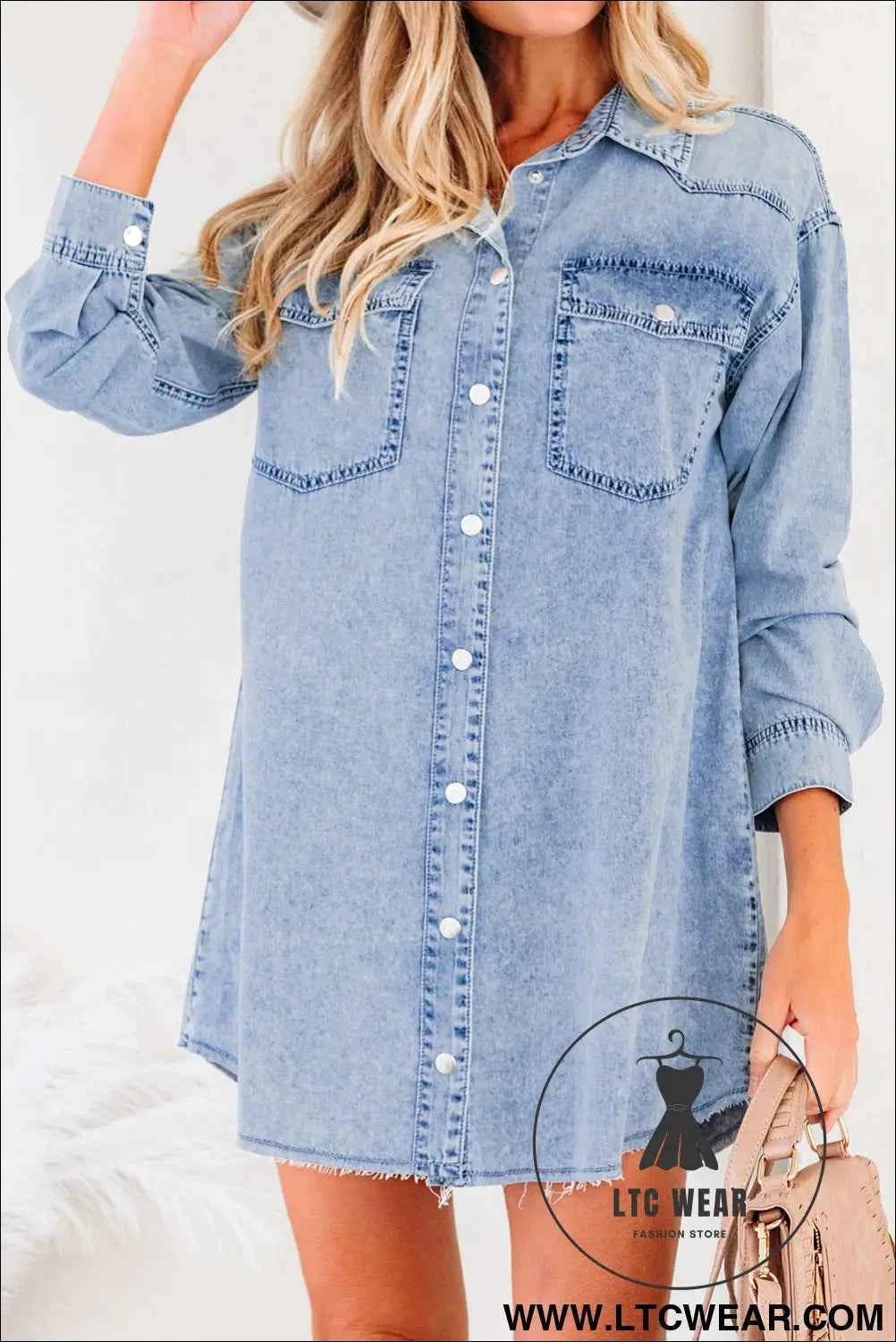 Black Denim Raw Hem Loose Shirt Dress