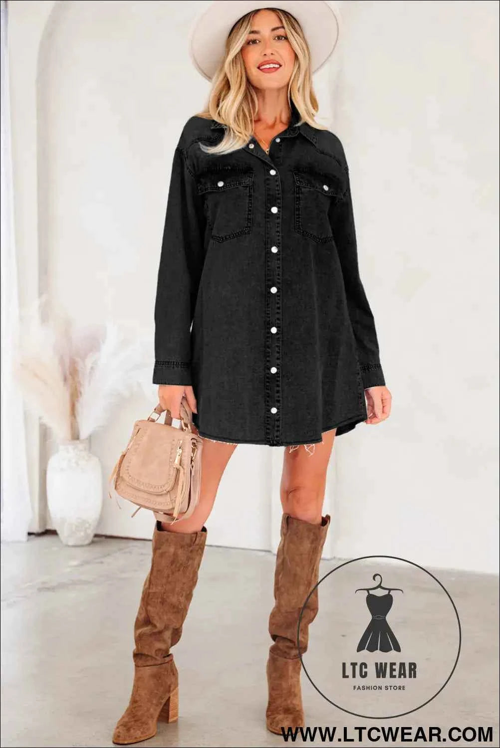 Black Denim Raw Hem Loose Shirt Dress