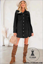 Black Denim Raw Hem Loose Shirt Dress
