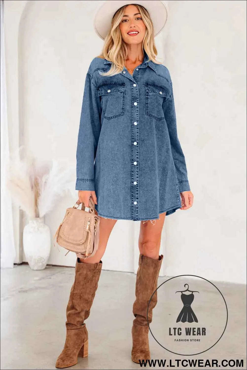 Black Denim Raw Hem Loose Shirt Dress