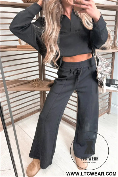 Medium Grey Collared V Neck Pullover Sweatshirt Sweatpants Set - L.T.C Wear Online Fashion Store