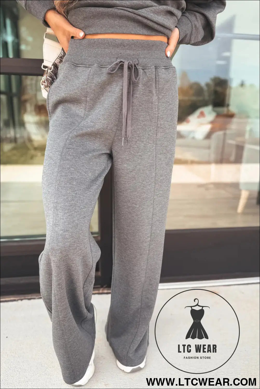 Medium Grey Collared V Neck Pullover Sweatshirt Sweatpants Set - L.T.C Wear Online Fashion Store