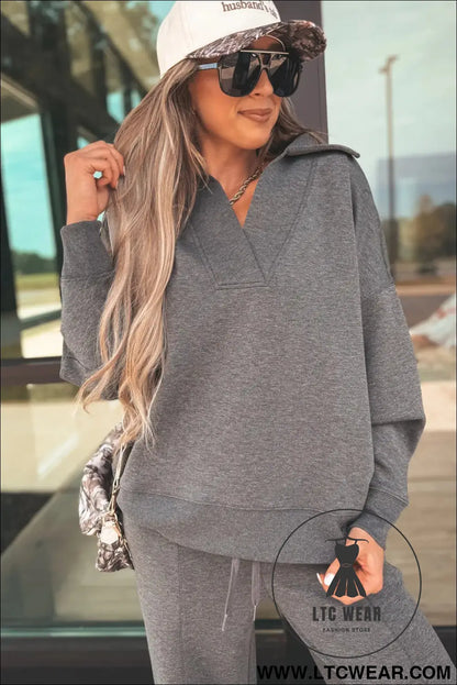 Medium Grey Collared V Neck Pullover Sweatshirt Sweatpants Set - L.T.C Wear Online Fashion Store