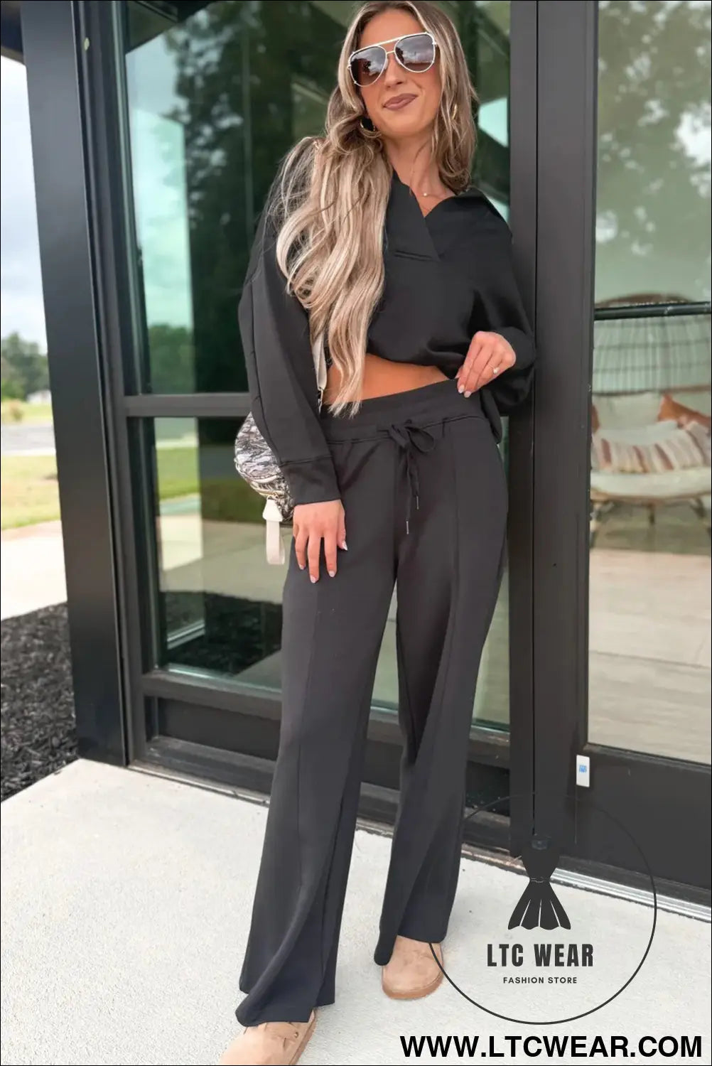 Medium Grey Collared V Neck Pullover Sweatshirt Sweatpants Set - L.T.C Wear Online Fashion Store
