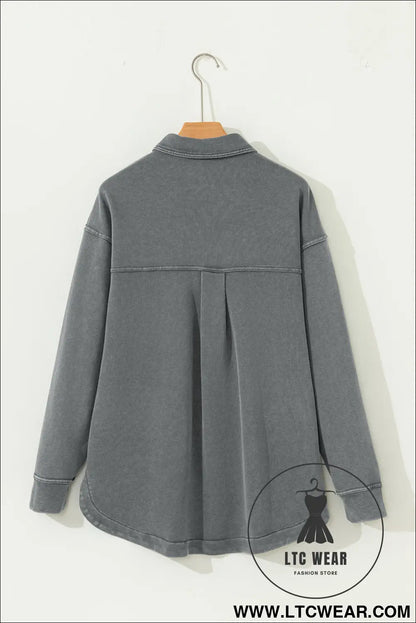 Medium grey mineral wash chest pockets drop shoulder shacket with side slit - jackets