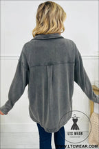 Medium grey mineral wash chest pockets drop shoulder shacket with side slit - jackets