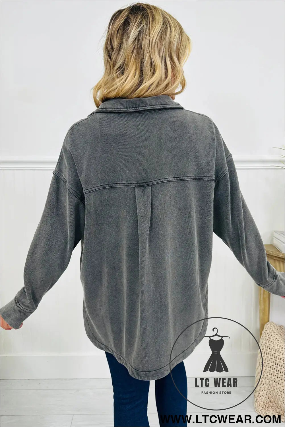 Medium grey mineral wash chest pockets drop shoulder shacket with side slit - jackets