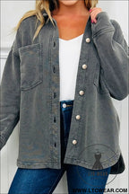 Medium grey mineral wash chest pockets drop shoulder shacket with side slit - medium grey / l / 83% cotton + 17%