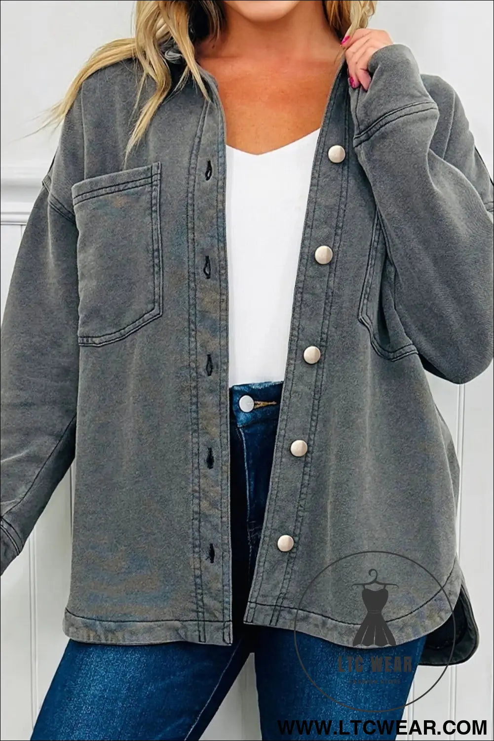 Medium grey mineral wash chest pockets drop shoulder shacket with side slit - medium grey / l / 83% cotton + 17%