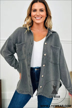 Medium grey mineral wash chest pockets drop shoulder shacket with side slit - jackets