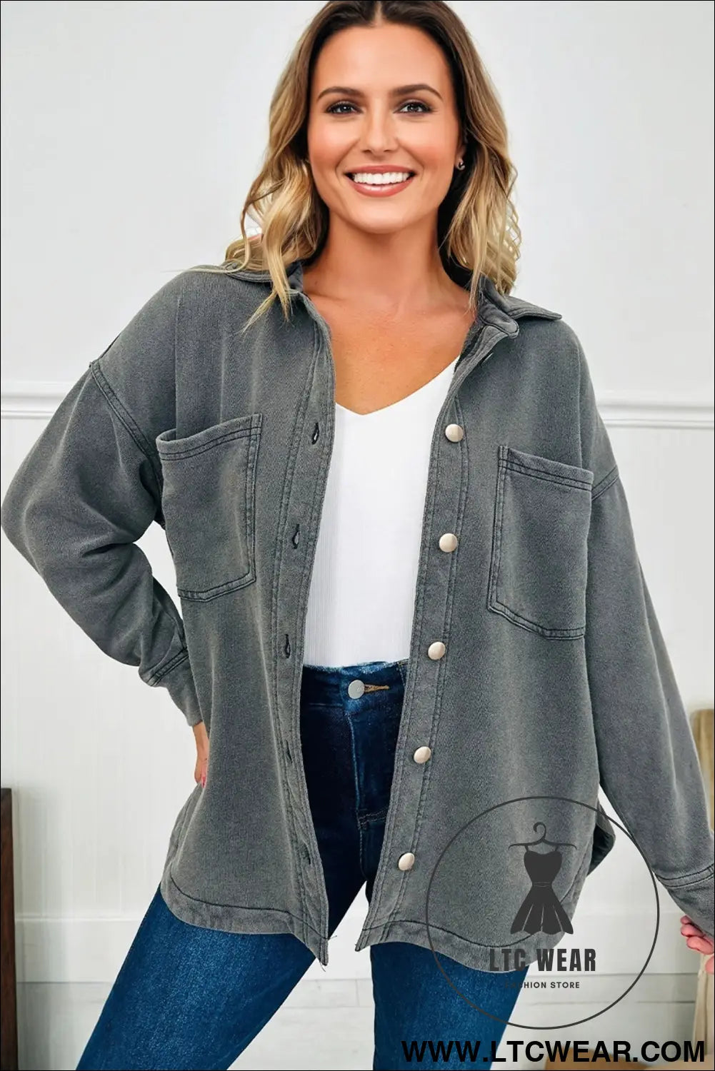 Medium grey mineral wash chest pockets drop shoulder shacket with side slit - jackets