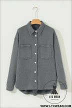 Medium grey mineral wash chest pockets drop shoulder shacket with side slit - jackets