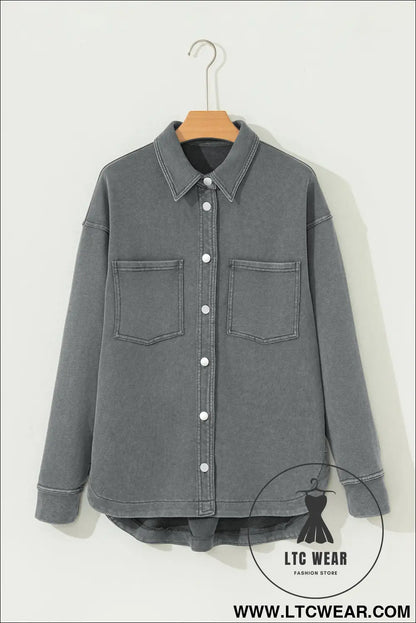 Medium grey mineral wash chest pockets drop shoulder shacket with side slit - jackets