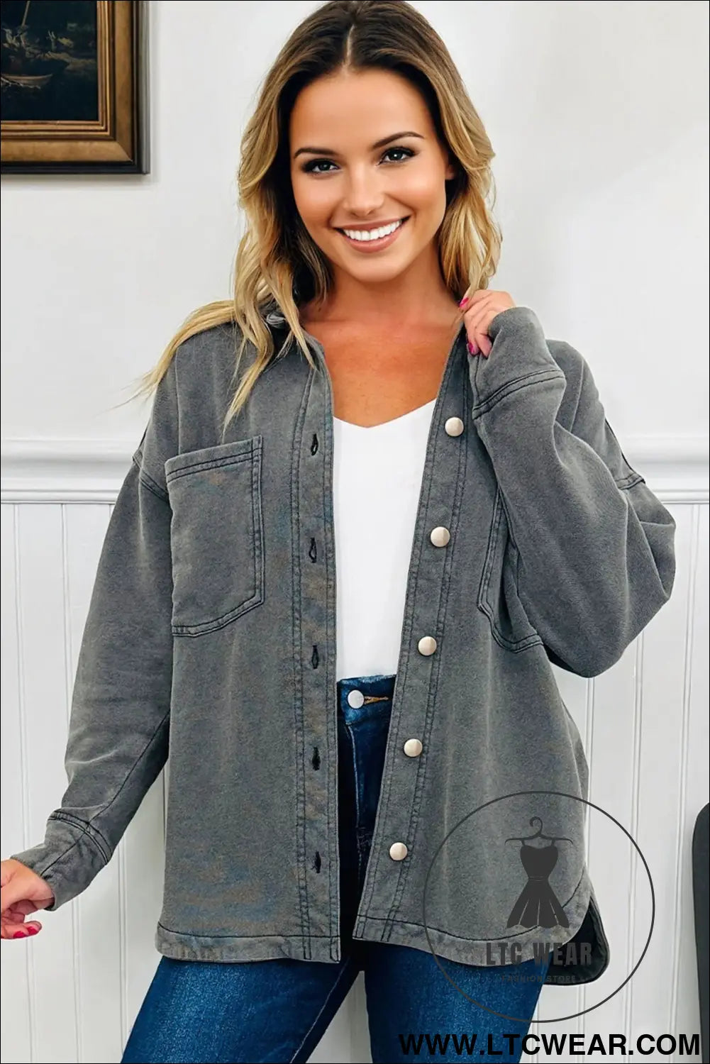 Medium grey mineral wash chest pockets drop shoulder shacket with side slit - jackets
