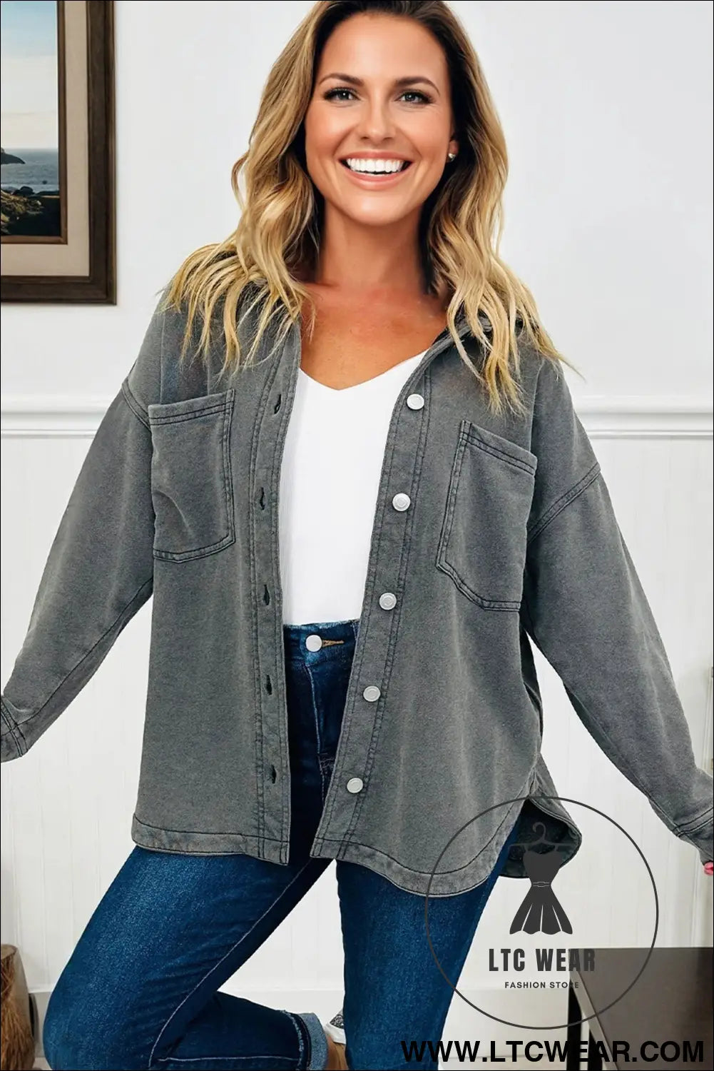 Medium grey mineral wash chest pockets drop shoulder shacket with side slit - jackets