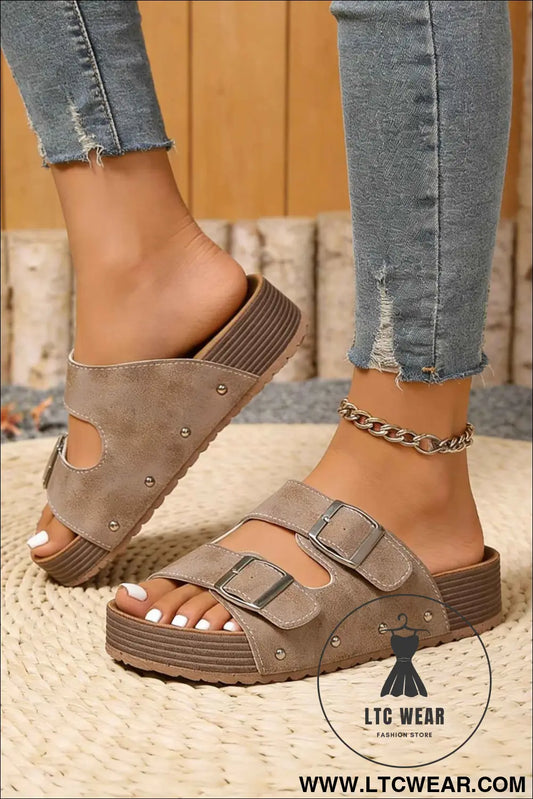 Medium Grey Retro Double Buckle PU Leather Faux Suede Platform Slippers