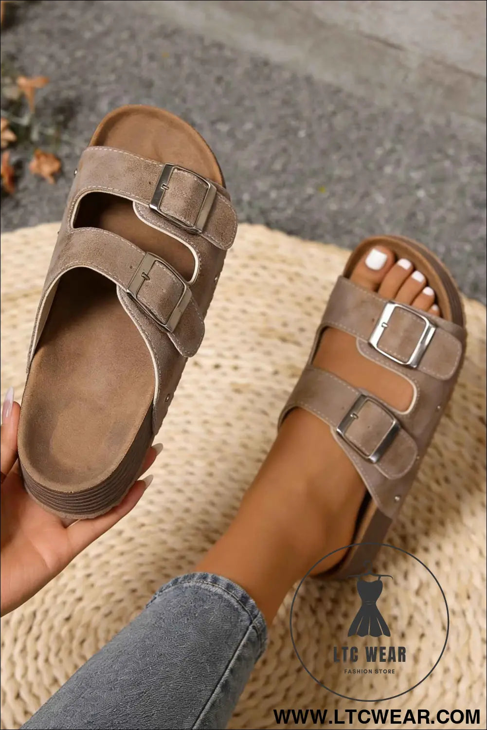 Medium Grey Retro Double Buckle PU Leather Faux Suede Platform Slippers