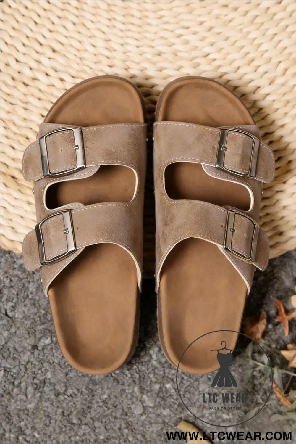 Medium Grey Retro Double Buckle PU Leather Faux Suede Platform Slippers - L.T.C Wear Online Fashion Store