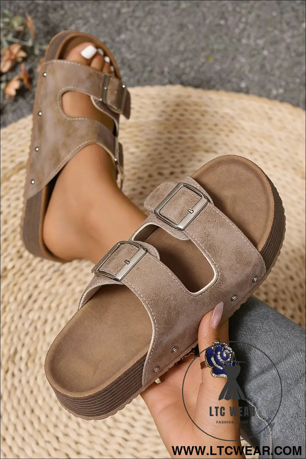 Medium Grey Retro Double Buckle PU Leather Faux Suede Platform Slippers - L.T.C Wear Online Fashion Store