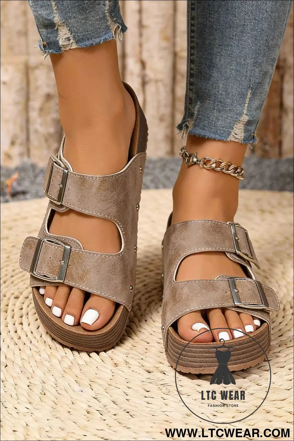Medium Grey Retro Double Buckle PU Leather Faux Suede Platform Slippers