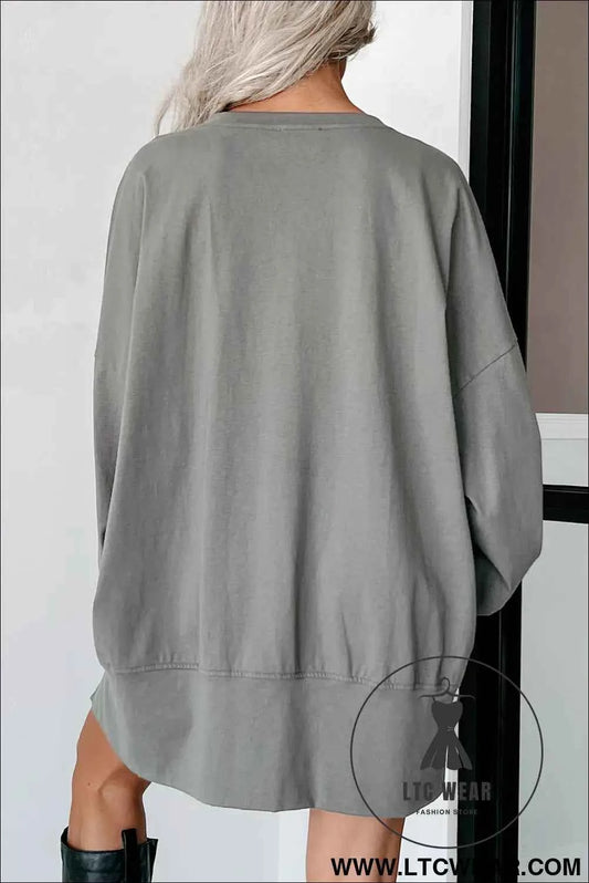 Medium Grey Sequin Happy Halloween Graphic Notched Neck Long Sleeve Loose Top