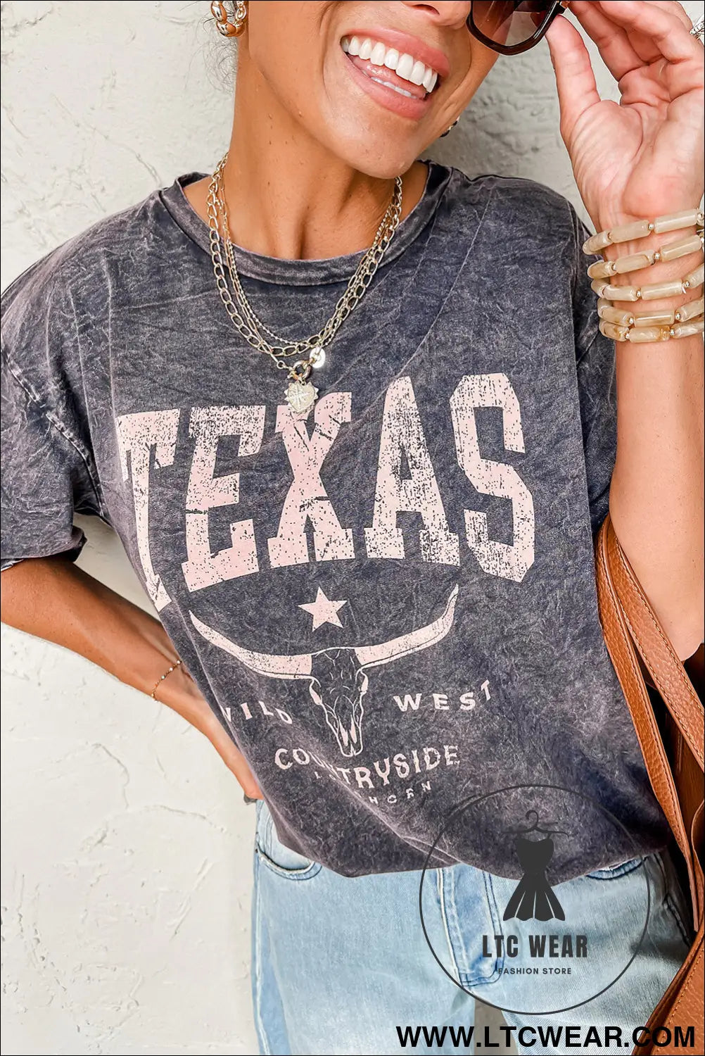 Medium grey texas steer head graphic mineral wash oversized t shirt - tops & tees