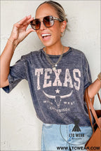 Medium grey texas steer head graphic mineral wash oversized t shirt - tops & tees