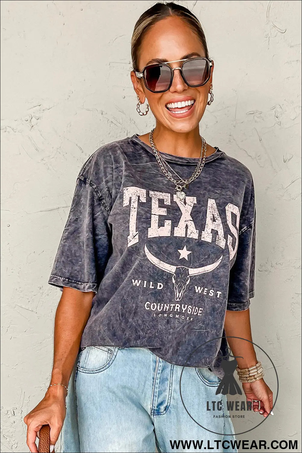 Medium grey texas steer head graphic mineral wash oversized t shirt - tops & tees