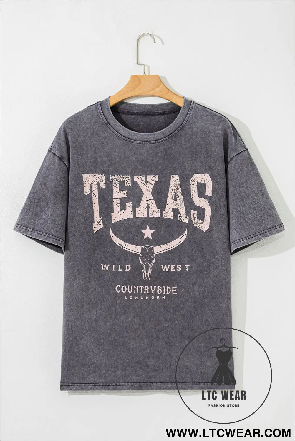 Medium grey texas steer head graphic mineral wash oversized t shirt - tops & tees