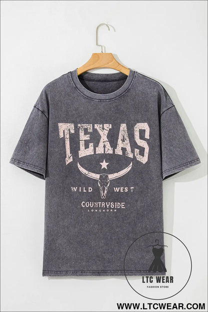 Medium grey texas steer head graphic mineral wash oversized t shirt - tops & tees
