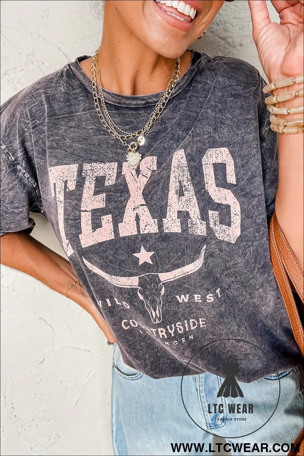 Medium grey texas steer head graphic mineral wash oversized t shirt - medium grey / l / 100% cotton - tops & tees