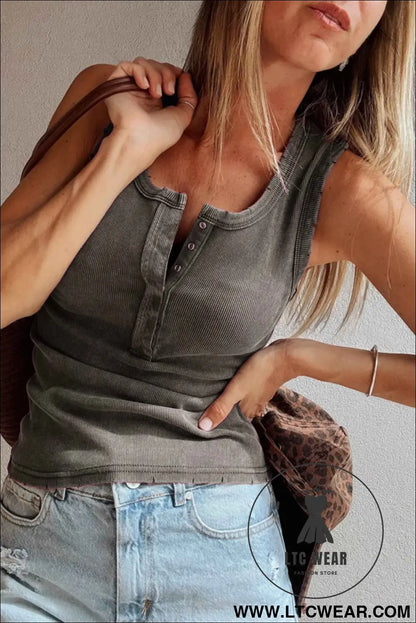 Medium Grey Vintage Distressed Ribbed Mineral Wash Tank Top