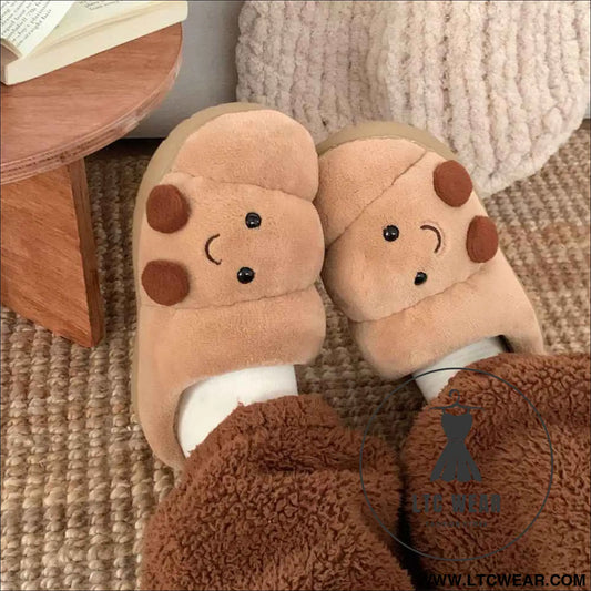 Men's and Women's Winter Cotton Slippers for Home, Couple Cute Croissant Bread