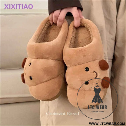 Men's and Women's Winter Cotton Slippers for Home, Couple Cute Croissant Bread