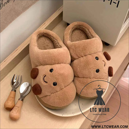 Men's and Women's Winter Cotton Slippers for Home, Couple Cute Croissant Bread