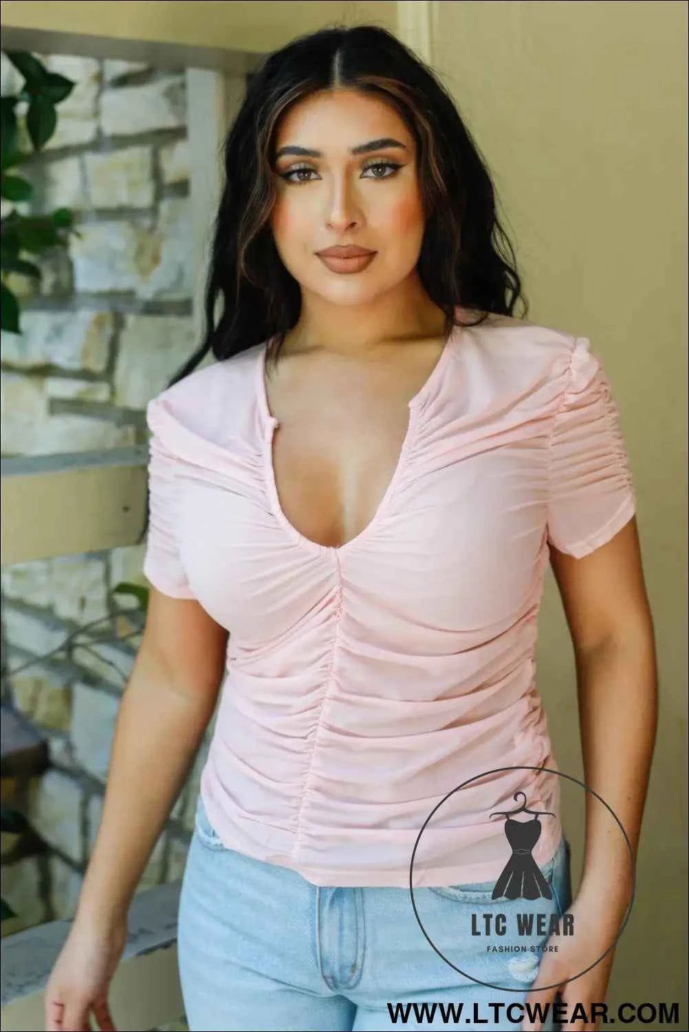 Mesh Ruched Cut-out Detail Short Sleeve Top