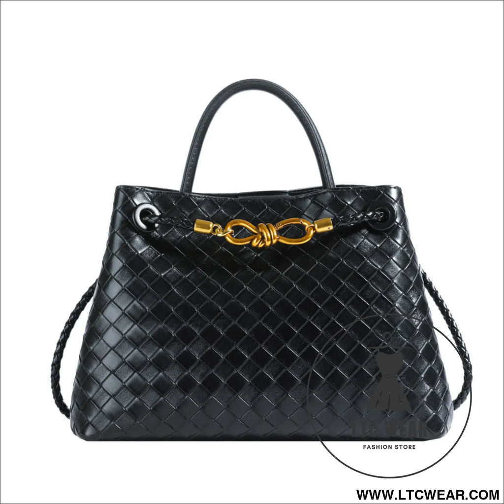 Metal rope buckle woven shoulder bag fashionable versatile retro commuter bag for women. - black