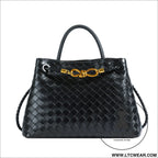 Metal rope buckle woven shoulder bag fashionable versatile retro commuter bag for women. - black